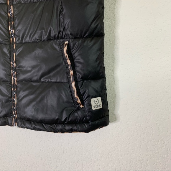 VS Pink Black Animal print trim full zip puffer vest XS - Picture 2 of 6